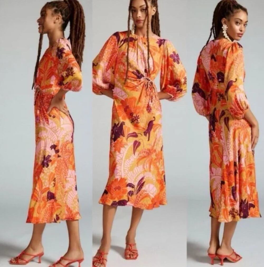 Farm Rio Jungle Panther Beige Midi Longsleeve Dress Large New with Tags